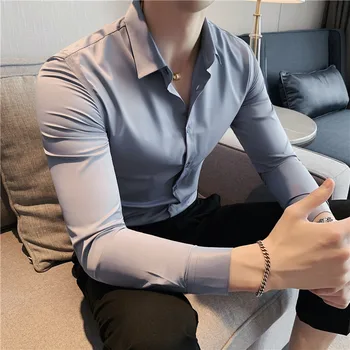 10Colors סתיו חדש ארוך שרוול שמלת חולצות לגברים ביגוד 2023 כל התאמה עסקים ללבוש רשמי מקרית Slim Fit טוקסידו לנשף.