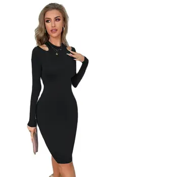 2023 אופנה צבע מוצק O-צוואר פתוח הכתף השרוול הארוך Slim Fit שמלה סקסית שמלת מיני החלוק ארג ' נט שמלת Bodycon