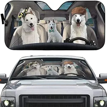 3D רועה לבן משפחה כלבים נהיגה שמשיה על שמשת הרכב, אוהבי כלבים מתנות, הכלב אמא מתנות, UV מגן החלון הקדמי סו
