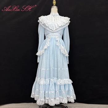 AnXin ש הנסיכה פרח כחול עם תחרה צרפתית גבוה צוואר חרוזים לחצן קפלים מסיבת התה שרוול ארוך קו עתיק שמלת ערב