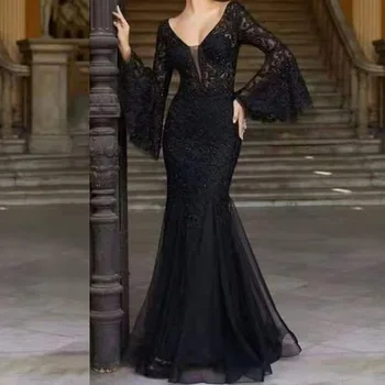 BKLD שחור אלגנטי, שמלת ערב בגדי נשים 2023 הקיץ החדש סקסית V-צוואר Slim Fit Fishtail שמלות ארוכות ללבוש למסיבה נקבה