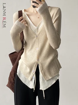 [LANMREM] אלגנטי משולבים עיצוב סריגה סוודר נשים V צוואר השרוול הארוך Slim אחת עם חזה נשי מקסימום 2023 סתיו חדש 26D5