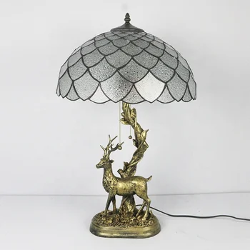 LongHuiJing 16 אינץ אירופאי רטרו טיפאני מנורת שולחן פנוי אהיל ויטראז ' מנורות שולחן עם צבי שרף בסיס