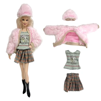 NK 4 פריטים/ סט אופנה ורוד פרווה +מיני חולצה+חצאית קפלים+כובע מודרני בגדים עבור ברבי בובות צעצועים אביזרים
