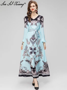 Seasixiang מעצבת אופנה בתחילת סתיו שמלה ארוכה נשים V-neck הזיקוקים שרוול תחרה למעלה פרחוני הדפסה וינטאג', שמלות ערב