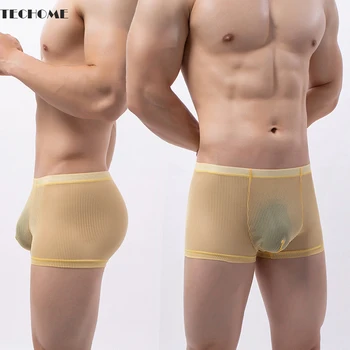TECHOME גברים סקסי תחתוני בוקסר קצרים שקוף תחתונים לנשימה גברים תחתונים הלבשה תחתונה סקסית על זין גדול U כיס בוקסר