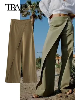 TRAF נשים אופנתיות מוצק רחב הרגל המכנסיים 2023 הקיץ החדש, הנשי גבוה המותן הקדמית לעטוף את סגנון כפול Placket עיצוב שאיפה ארוכה.
