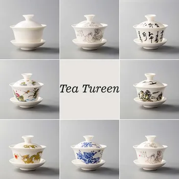Tureen, קערות פורצלן לבן קרמיקה Gaiwan כוס תה קונג פו תה סט מתנה מיוחדת מציעים כלי חרס מכסה קערה כחול-לבן