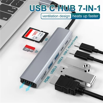 USB C-Hub 7 1 תחנת עגינה ל-HDMI תואם 4K 30Hz 100W משטרת USB 3.0 קצב העברת נתונים 5Gbps SD TF CardReader עבור מחשב נייד MacBook