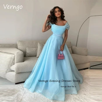 Verngo הסעודית ערבית קו כחול בהיר אורגנזה שמלות ערב את הכתף שרוולים שמלות לנשף 2023 פשוטה רשמי שמלת מסיבת