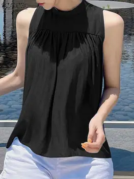 ZANZEA 2023 קיץ נשים חולצה סקסית צוואר עגול גופיות מזדמן קפלים שרוולים חולצה אופנה קוריאנית מוצק מנופחים טוניקות