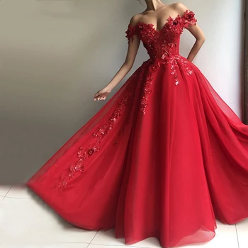 אדום את כתף שמלות נשף נשים, מסיבת לילה Vestidos קו A אפליקציות נצנצים טול שמלות ערב אלגנטיות