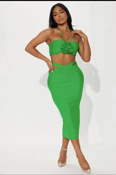 אופנה ירוקה לגזור שרוולים של נשים הקולר 2 שני חלקים Bodycon אמצע שוק 2023 התחבושת פרחוני לחגוג מועדון לילה שמלת מסיבת