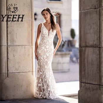 אייי V-צוואר פתוח בגב שמלת החתונה המדהימה אפליקציות תחרה שמלת כלה בתולת ים אלגנטי רכבת משפט Vestido De Noiva עבור הכלה