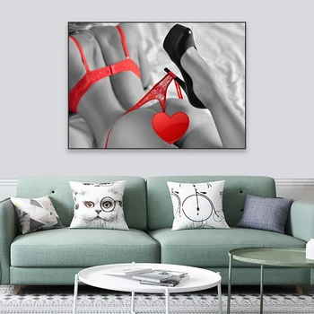 אישה סקסית באדום הלבשה תחתונה הדפסי צילום סקסי אופנה פוסטר בשחור לבן סקסי הגוף העירום בד הציור השירותים עיצוב חדר השינה