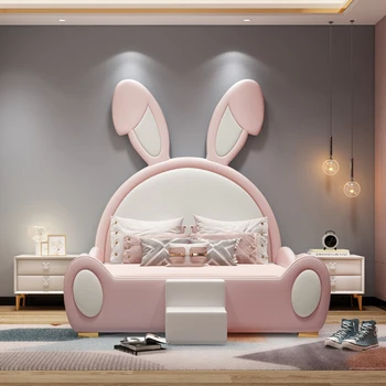 אישית ארנב הילדים במיטה של ילדה נסיכה עם מעקה הבטיחות שקופית קריקטורה פשוטה עור המיטה