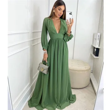 אלגנטי ירוק עמוק V-צוואר רופף ארוך שרוול שיפון שמלה לנשף קו רשמית לאירוע שמלת ערב שמלות ערב לנשים