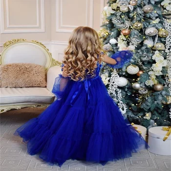 אלגנטיות כחול בהיר טול פרח ילדה שמלות מלא אשליה רצועות ספגטי הקרקע אורך הראשונה תקשורת השמלה מתנה