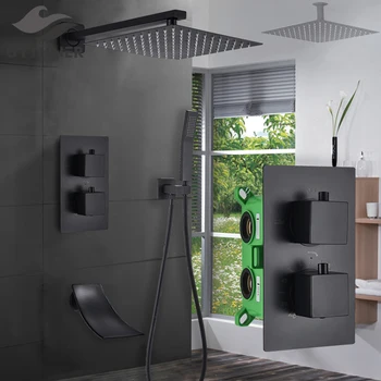 אמבטיה שחור Thermostatic מקלחת ברז גשמים מפל הראש אמבטיה ברז מיקסר מקלחת אמבטיה להגדיר מערכת קיר תקרה רכוב