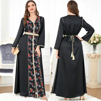 במזרח התיכון של נשים ערביות מוסלמיות שמלה חדשה V-צוואר שרוול ארוך Vestidos החלוק לשפוך פאטאל Musulmane מרוקאי Kaftan