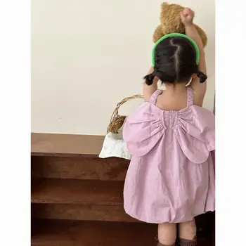 בנות מזדמן שמלות חופשי מתוק קוריאני חדש קיץ סגנון קפלים מוצק Camisoles אגף לקשט ילדים בגדים