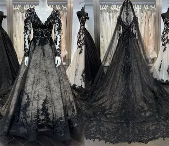 בציר פגאני שמלות כלה עם שרוול ארוך עם צווארון וי תחרה מלא גותי הנסיכה דת שחור שמלת הכלה Vestido de noiva