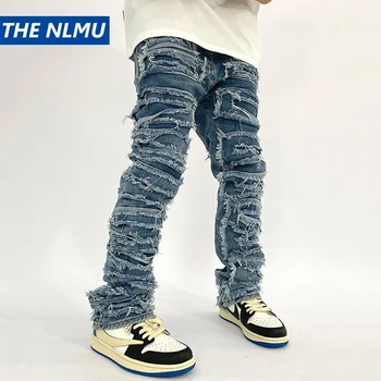 גברים אופנה סלים ג 'ינס במצוקה טלאי על טלאי כחול, מכנסי ג' ינס גבר Harajuku מגמת הג ' ינס