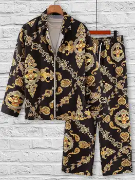 גברים הבארוק מודפס פיג ' מות להגדיר האביב, הסתיו-אופנה הלבשת לילה טרקלין ללבוש זוג של חולצת שרוול ארוך ומכנסיים