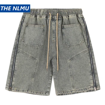 היפ הופ אופנת רחוב ג 'ינס קצרים 2023 גברים קיץ בציר Y2K קצרים רוכסן בצד ריבוי כיסים חופשי מזדמן מכנסי ג' ינס קצרים