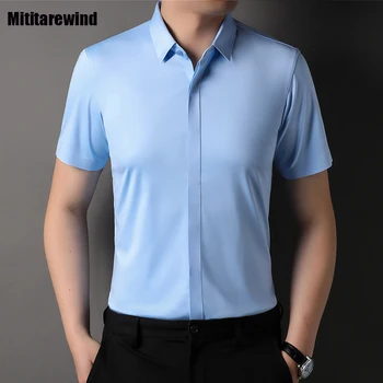 הקיץ החדש קרח משי חולצת גברים עסקי מזדמן מכוסה כפתור מעצב חולצה מוצק צבע שרוול קצר חלקה מקסימום Camisa גבר