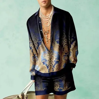 הקיץ של גברים הוואי חליפות בציר 3D מודפסים שני חלקים סט מזדמן דש כפתור למטה שרוול ארוך חולצה ומכנסיים קצרים חוף תלבושות