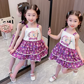 השמלה של הילדה הקיץ של הילדים עוגת שמלה של בחורה קוריאנית גרסה פרחוני סגול קטן ארנב מצויר Suspender השמלה