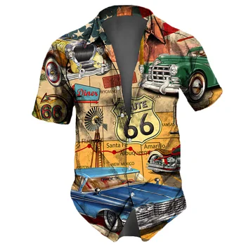 וינטאג ' עבור גברים חולצות כביש 66 גרפי בגדים מזדמנים רופף קצר, חולצות שרוול אופנת רחוב קיץ, הלבשה זכר חולצות הוואי.