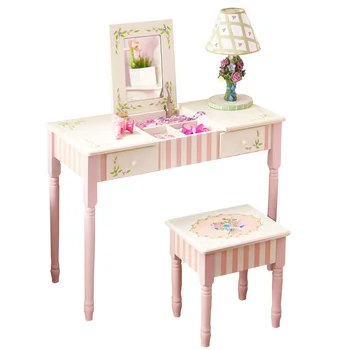 חדר שינה מעץ לילדים משחק שולחן יהירות סט שולחן איפור כולל/ שרפרף, ורוד/ שמנת,שולחן איפור, אור יוקרה, חדר שינה