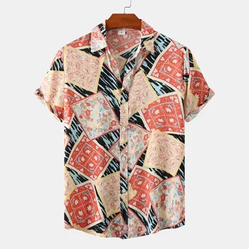 חולצת הוואי גברים קיץ חולצה חולצות לגבר אופנה פנאי הדפסת אבזם דש שרוול קצר חולצה למעלה החג בגדים