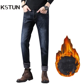 חורף ג 'ינס גברים לעבות צמר ג' ינס נמתח ישר Slim כחול כהה, ג 'ינס ג' ינס חם עבור גברים מעצב אופנה מותג מכנסיים ארוכים