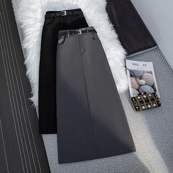 חצאיות נשים שחור גבוהה המותניים בצד פיצול Midi חצאית נשים קו בציר אלגנטי כל משחק פשוט אופנה חדשה אופנת רחוב Y2k