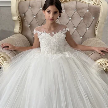 טול נפוחה פרח ילדה שמלות חתונה מסיבה הנסיכה אפליקציות תחרה שמלת נשף ילדה שמלות אכילת לחם הקודש