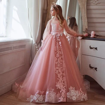 טול תחרה מדבקות כתף אורך פרח הילדה השמלה האלגנטית נסיכה הכדור הראשון שמלות קודש ילדים חלום מתנת יום-הולדת.
