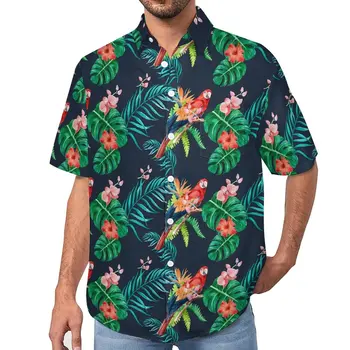 טרופי פרחוני היביסקוס חופשי האיש בחולצה חופשה ' ונגל התוכי מזדמן חולצות הוואי קצר שרוול אסתטי מנופחים חולצות