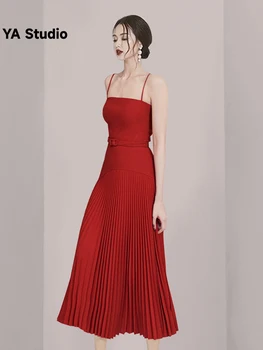 [יא סטודיו] 2023 מוצר חדש הקהל עיצוב סקסי אדום דק קלע החגורה סלים קפלים שמלה ארוכה אישה