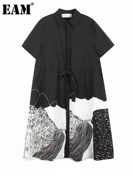 [ידה] נשים שחור דפוס מודפס גדול גודל זמן שמלת החולצה החדשה דש שרוול קצר מתאים רופף אופנה אביב קיץ 2023 1DF0222