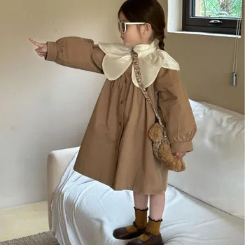 ילדים מעיל 2023 סתיו חדש בסגנון קוריאני בנות תחרה צווארון ארוך מעיל מקרית פשוטה טלאים אופנתי מעיל בנות