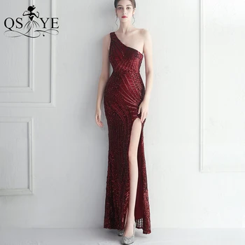 כתף אחת אדום כהה ארוך שמלות לנשף ייחודי תחרה דפוס נצנצים על שמלת ערב סקסית פיצול בורגנדי רשמית מסיבת שמלה סלים שיק