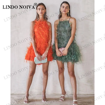 לינדו NOIVA סקסי קצר קוקטייל שמלה לנשים 2023 קו מקסים מיני נוצות שרוולים מסיבה רשמית שמלות вечернее платье
