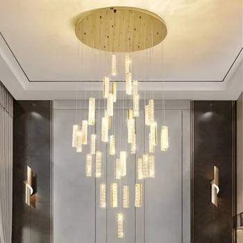 מודרני מדרגות התקרה תאורה נברשת זהב פלדה אל חלד גביש יוקרה מנורות Lustres LED קריסטל הביתה לתלות אורות
