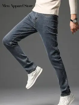 מוצק ישר סלים רב מכנסי ג ' ינס גברים אופנה נוח רוכסן המכנסיים אדם קיץ 2023 חדש מקרית אלסטי בגדי גברים