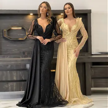 נוצץ נצנצים שרוול ארוך סקסית צוואר V שמלת ערב ירוקה אשליה יוקרה לבוש רשמי למסיבה שחור צהוב Vestidos נוצ ' ה.