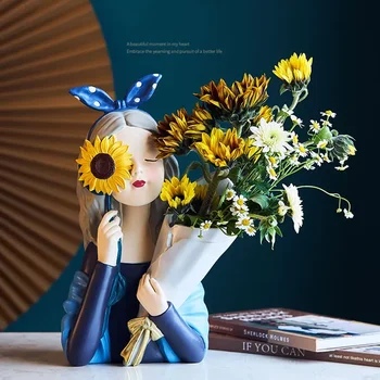 נורדי Moden ילדה שרף הזר פסל מעשי אגרטל פרחי עיצוב שולחן פסל בית בסלון השולחן פסלון קישוט