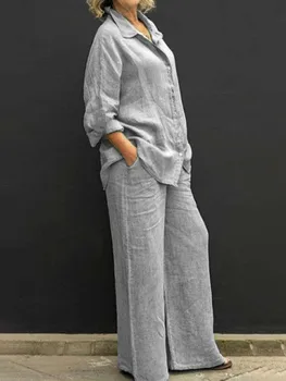 נשים כותנה פשתן מתאים 2023 אלגנטי מוצק, חולצת שרוול ארוך רחב הרגל המכנסיים שני חלקים סט נשי מזדמן ישר חליפות מכנסיים